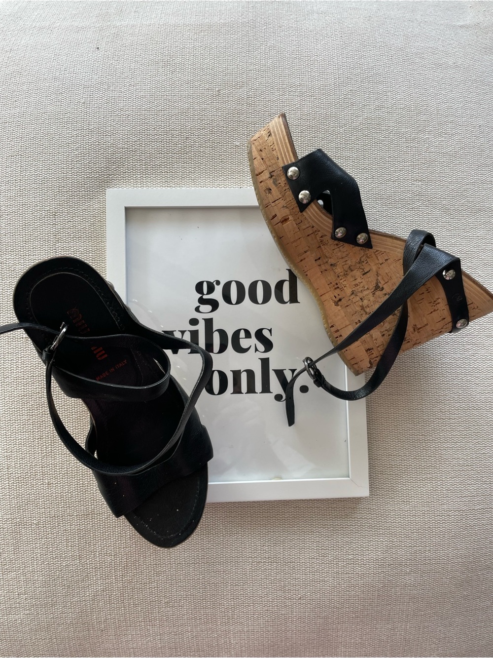 Miu Miu Y2K Cork Wedge Sandals
Black Leather Ankle Strap